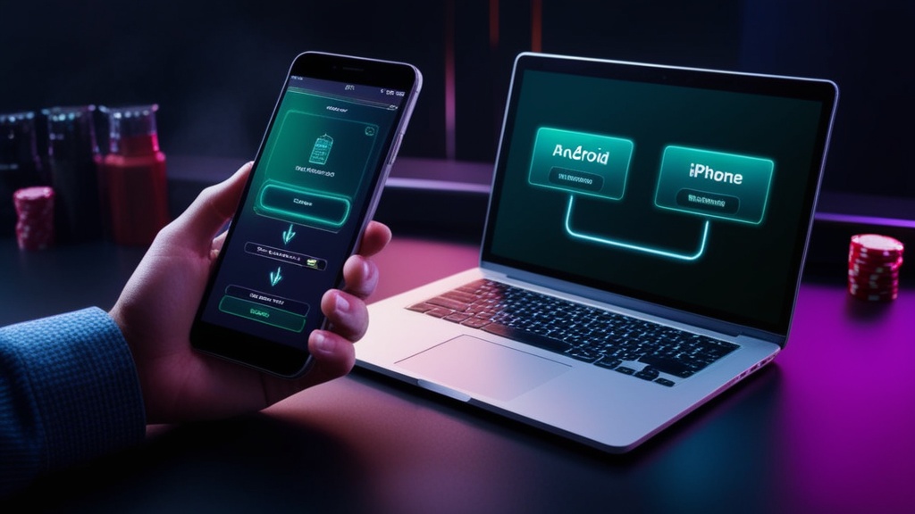Android- en iPhone-downloadopties op een telefoon in casino-sfeer